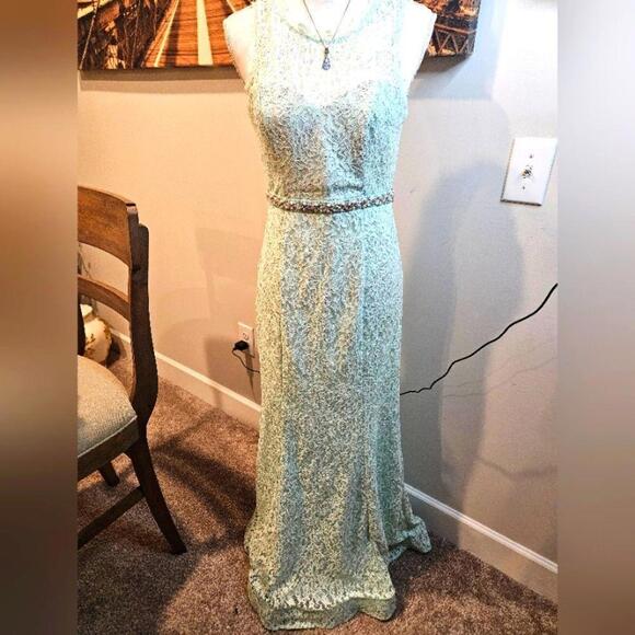 Elegant Mint Green Lace Evening Gown - Picture 3 of 12